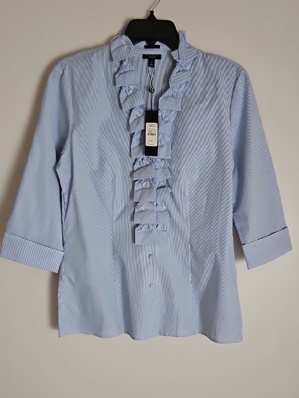 Talbots NWT SZ6 Pinstripe Ruffle Neck Blouse Stretch Preppy Coastal Tailored